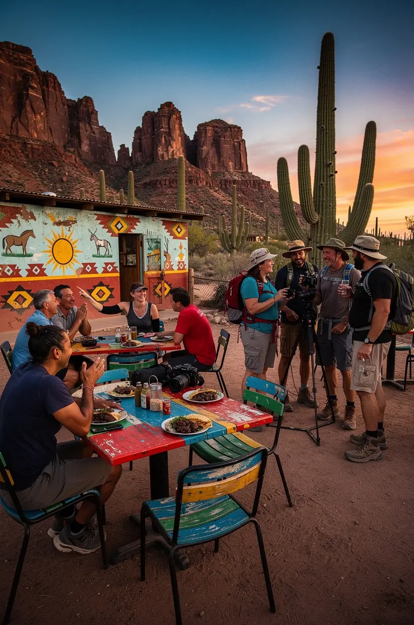 Бариста подает кофе в кафе с тематическим интерьером и интегрированными фотозонами для путешественников.