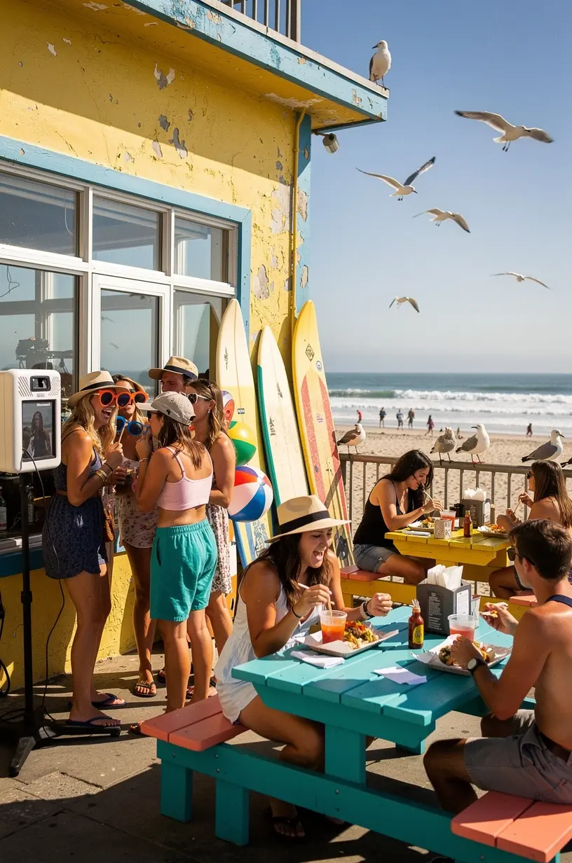 Группа туристов наслаждается отдыхом в кафе с фотозонами и возможностью мгновенно запечатлеть воспоминания.