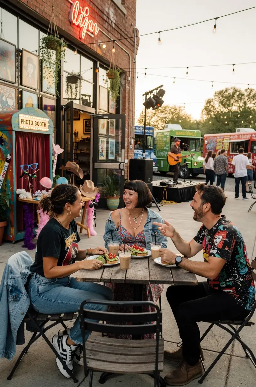 Вид на извилистую дорогу с остановкой кафе, оборудованного фотоуголками и мгновенной печатью снимков.