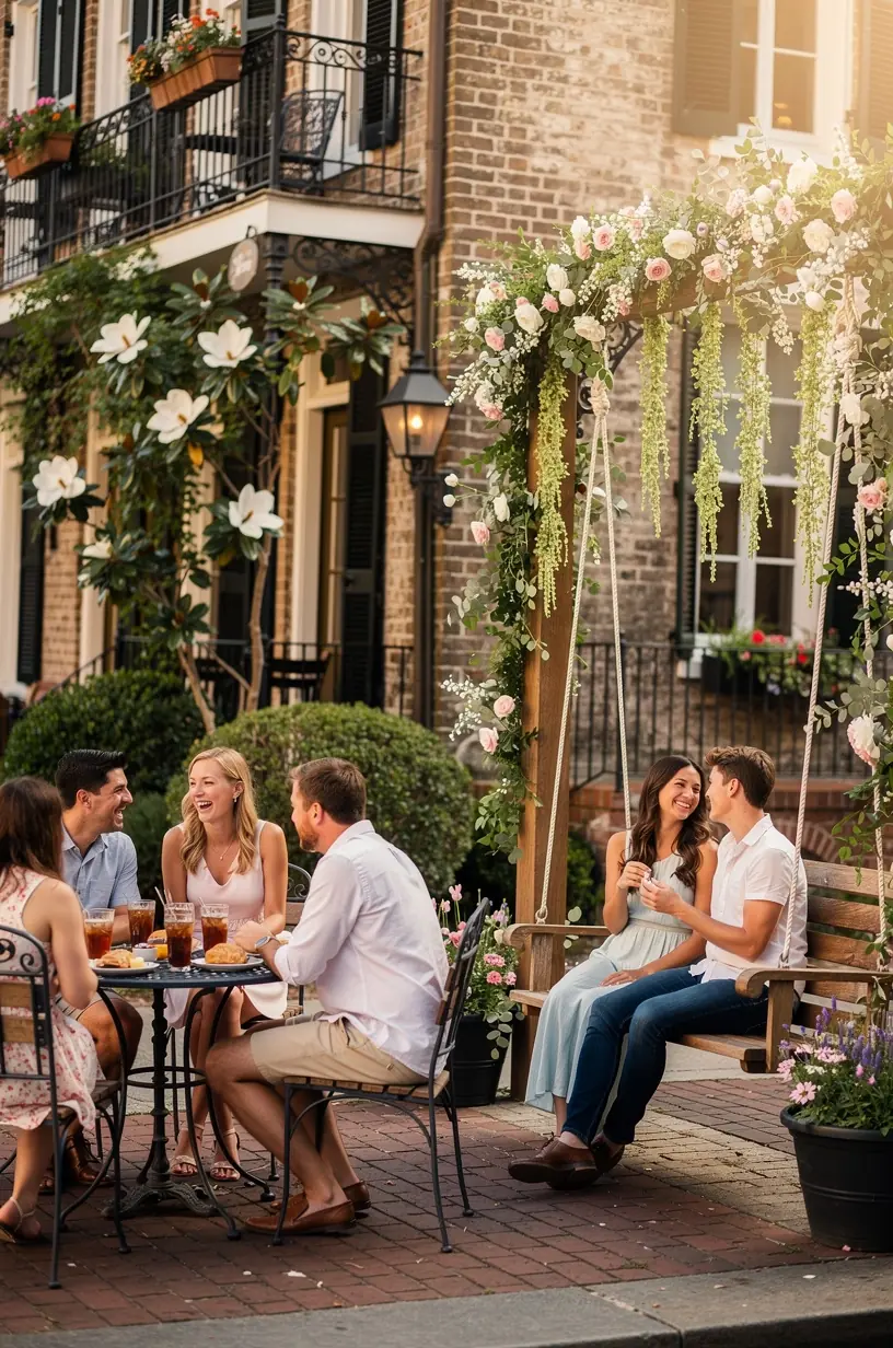 Интерьер кафе в стиле путешествий с настенными фоторамками и устройствами для быстрого создания сувениров.