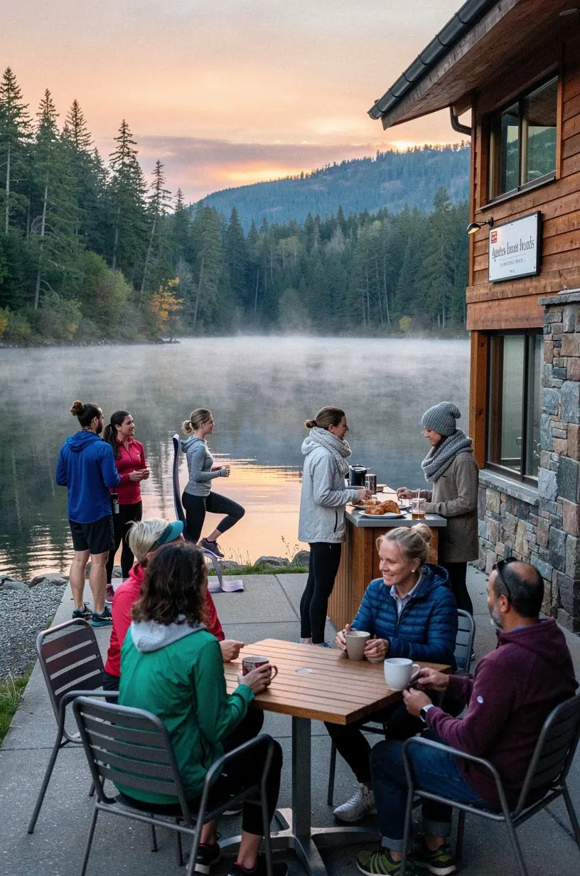 Посетители делают снимки у специально оформленной фотозоны на фоне природных пейзажей США.